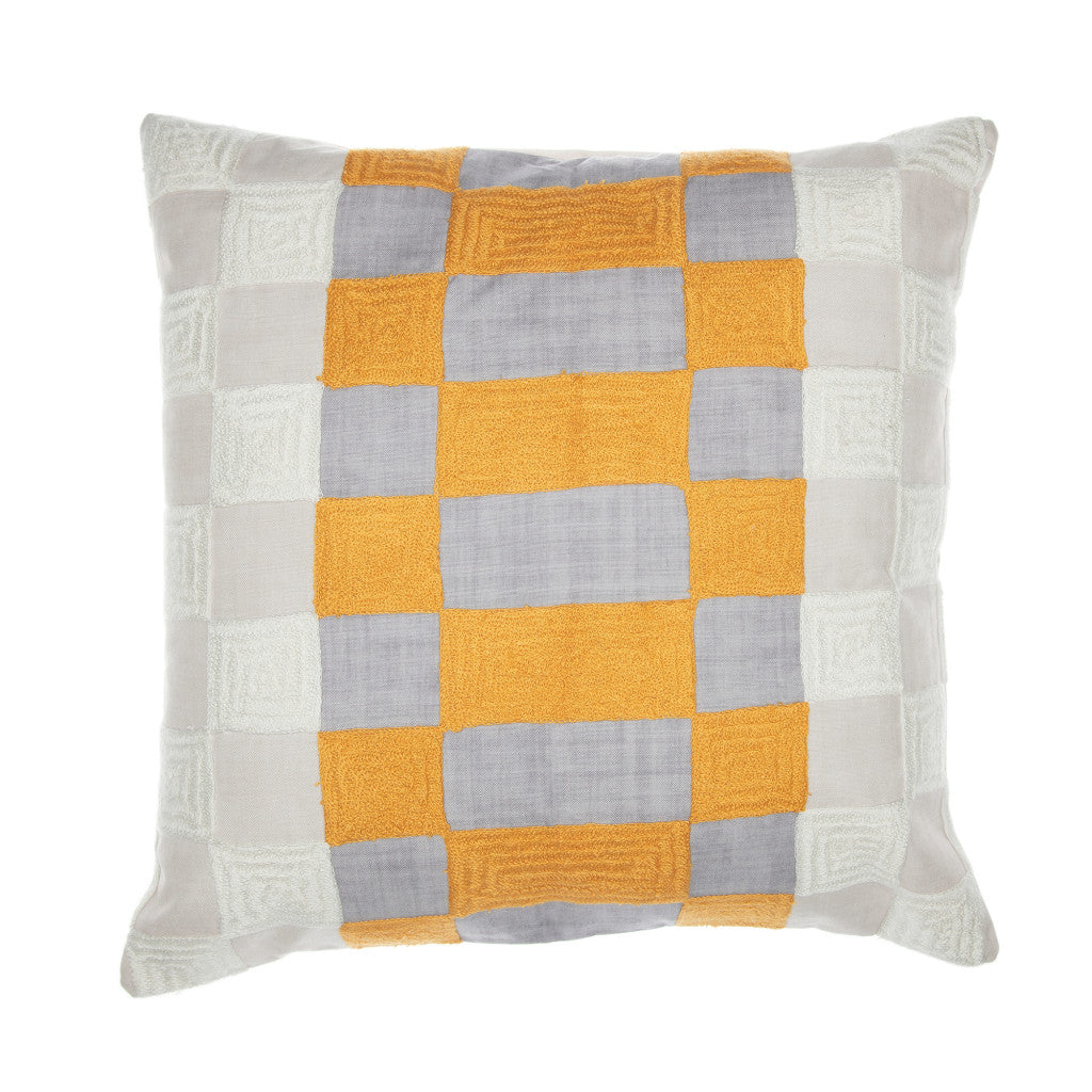 Yellow & Gray Check Pillow w/ Embroidery