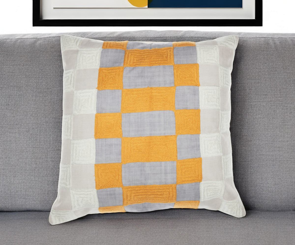 Yellow & Gray Check Pillow w/ Embroidery