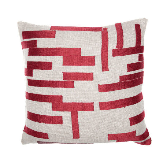 Red & Ivory Geometric Cotton Blend Pillow w/ Embroidery