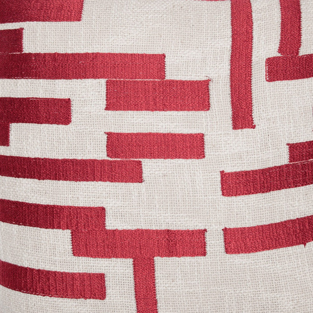 Red & Ivory Geometric Cotton Blend Pillow w/ Embroidery