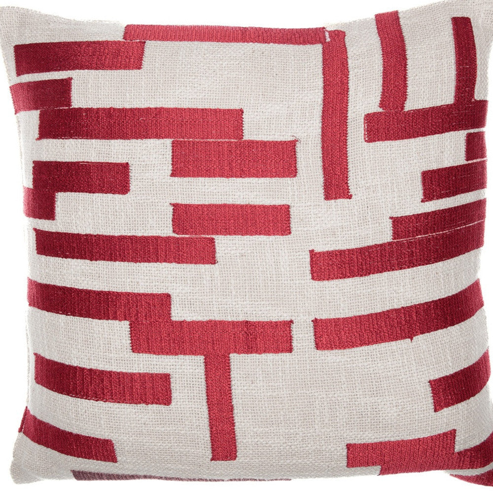 Red & Ivory Geometric Cotton Blend Pillow w/ Embroidery