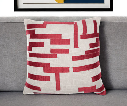 Red & Ivory Geometric Cotton Blend Pillow w/ Embroidery