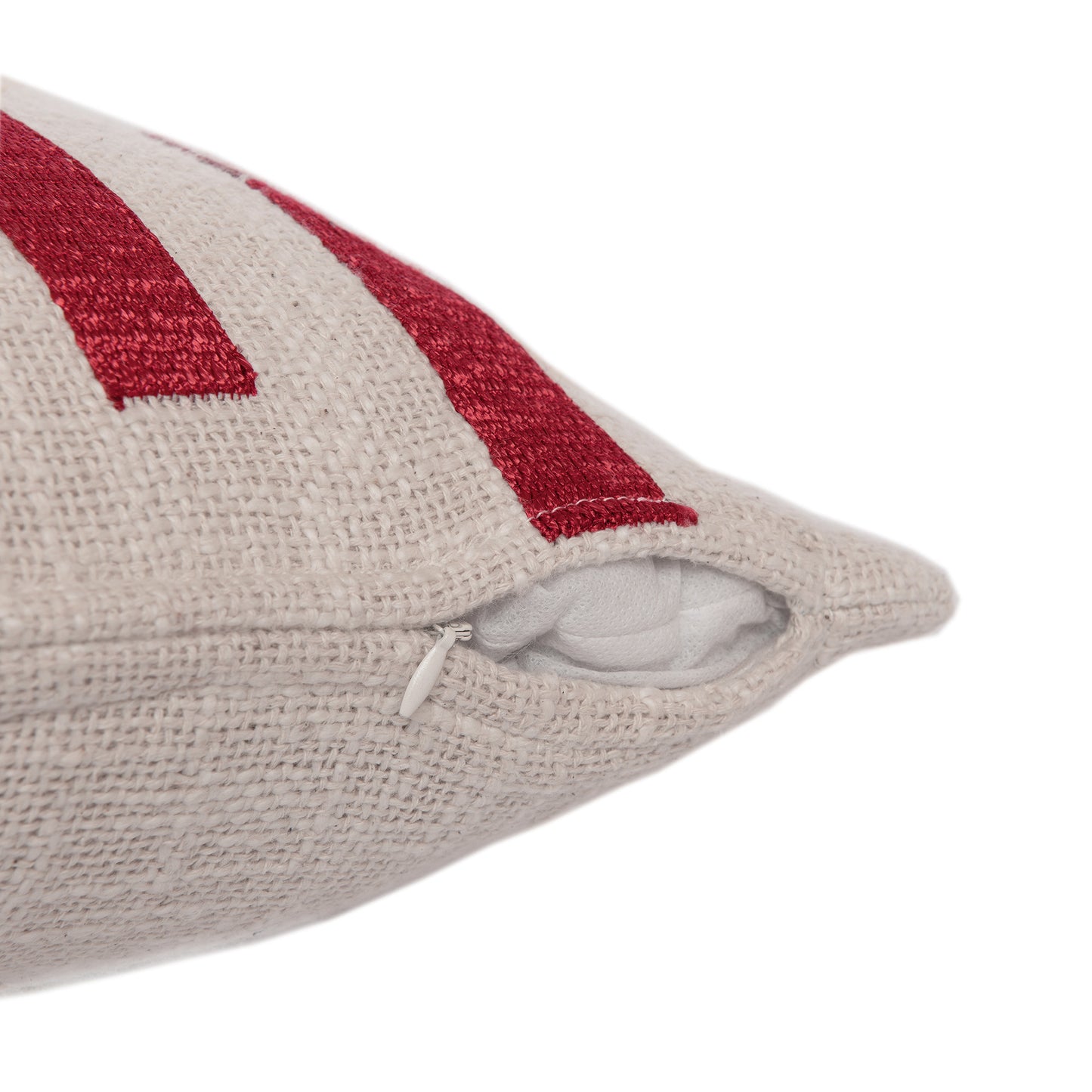 Red & Ivory Geometric Cotton Blend Pillow w/ Embroidery