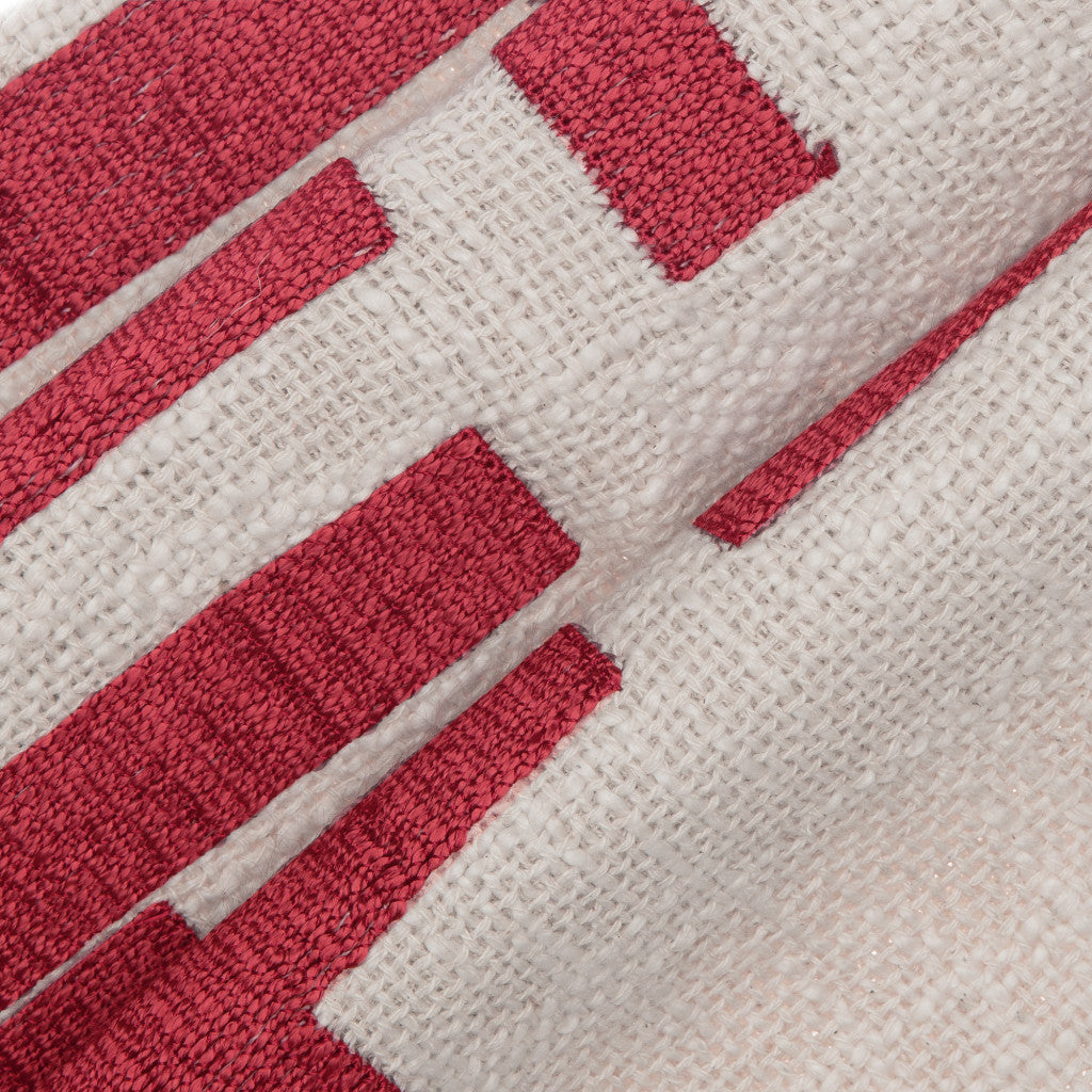 Red & Ivory Geometric Cotton Blend Pillow w/ Embroidery