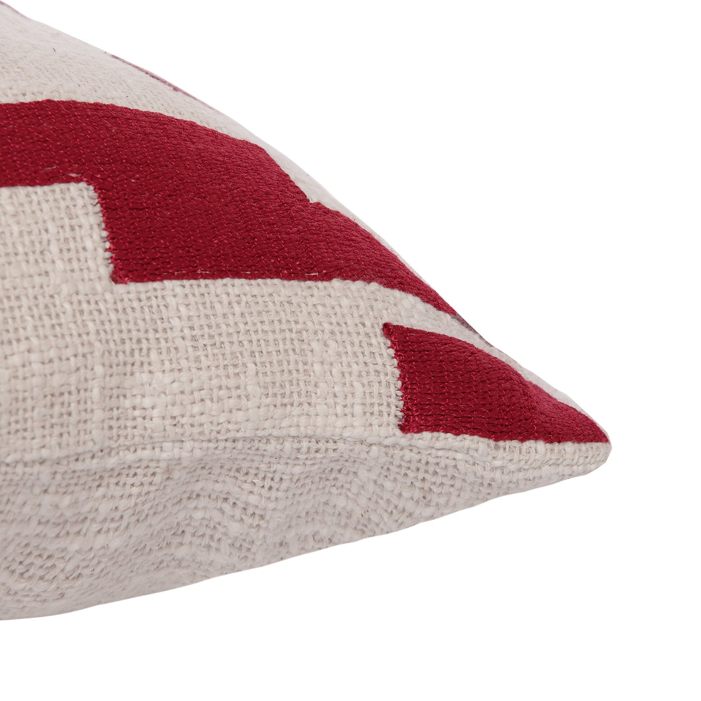 Red & Ivory Geometric Cotton Blend Pillow w/ Embroidery