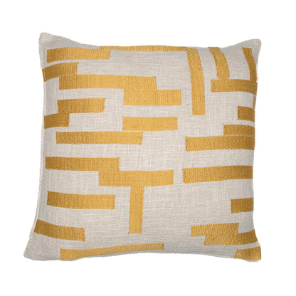 Yellow & Ivory Geometric Cotton Blend Pillow w/ Embroidery