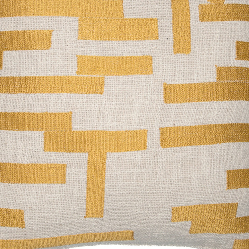 Yellow & Ivory Geometric Cotton Blend Pillow w/ Embroidery