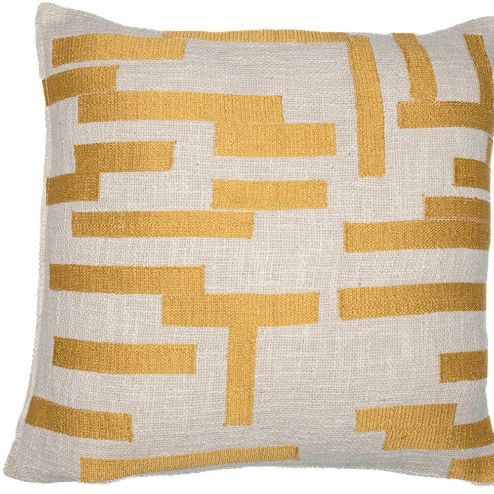 Yellow & Ivory Geometric Cotton Blend Pillow w/ Embroidery
