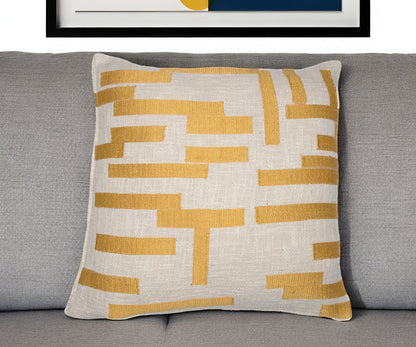 Yellow & Ivory Geometric Cotton Blend Pillow w/ Embroidery