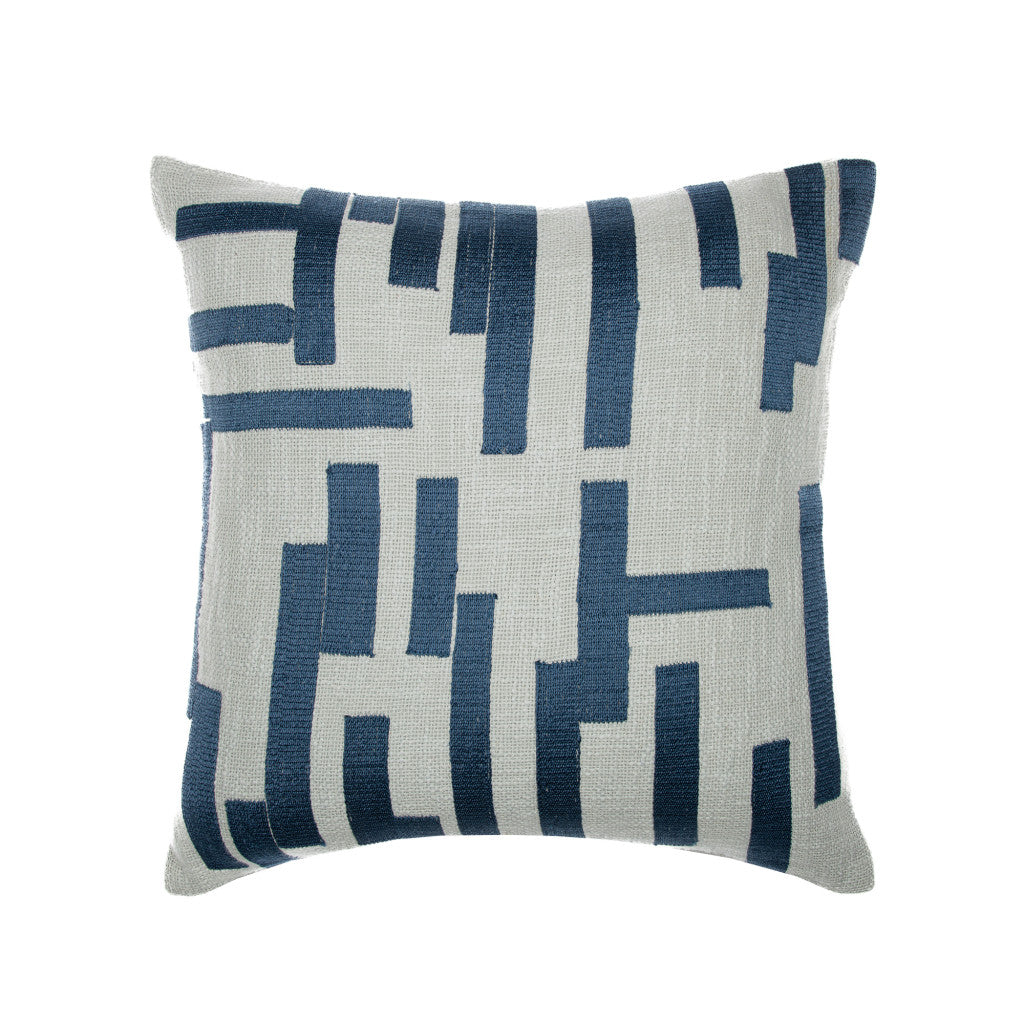 Blue & Ivory Geometric Cotton Blend Pillow w/ Embroidery