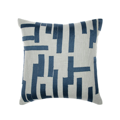 Blue & Ivory Geometric Cotton Blend Pillow w/ Embroidery