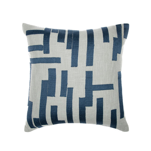 Blue & Ivory Geometric Cotton Blend Pillow w/ Embroidery