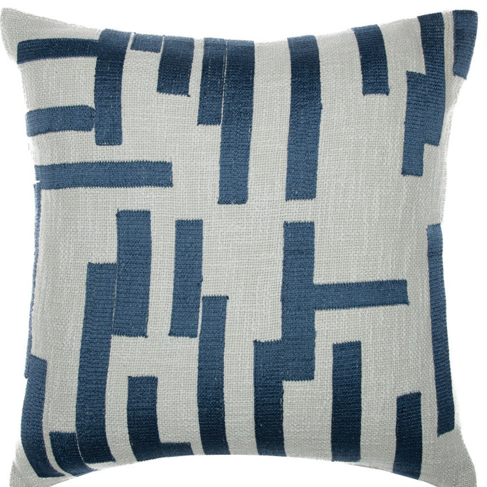 Blue & Ivory Geometric Cotton Blend Pillow w/ Embroidery
