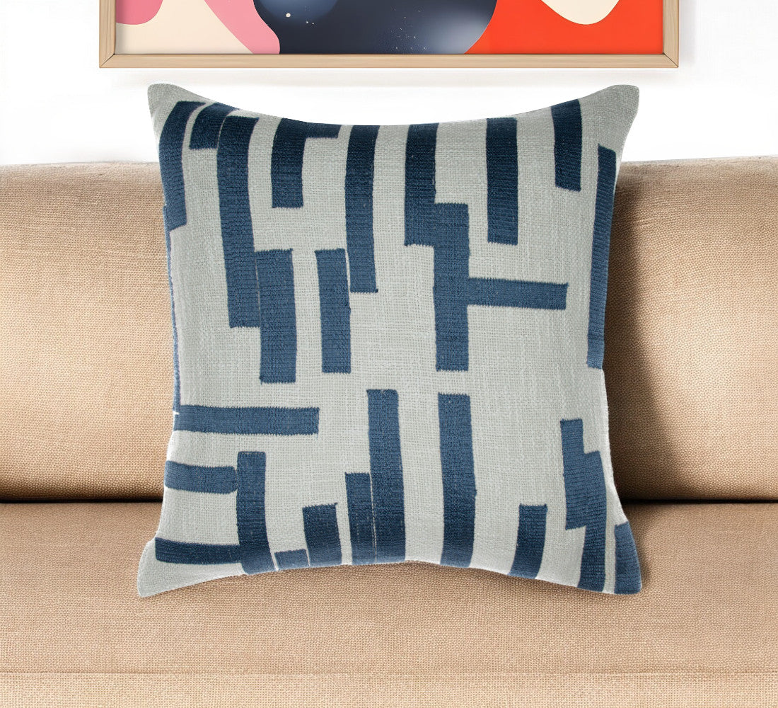 Blue & Ivory Geometric Cotton Blend Pillow w/ Embroidery