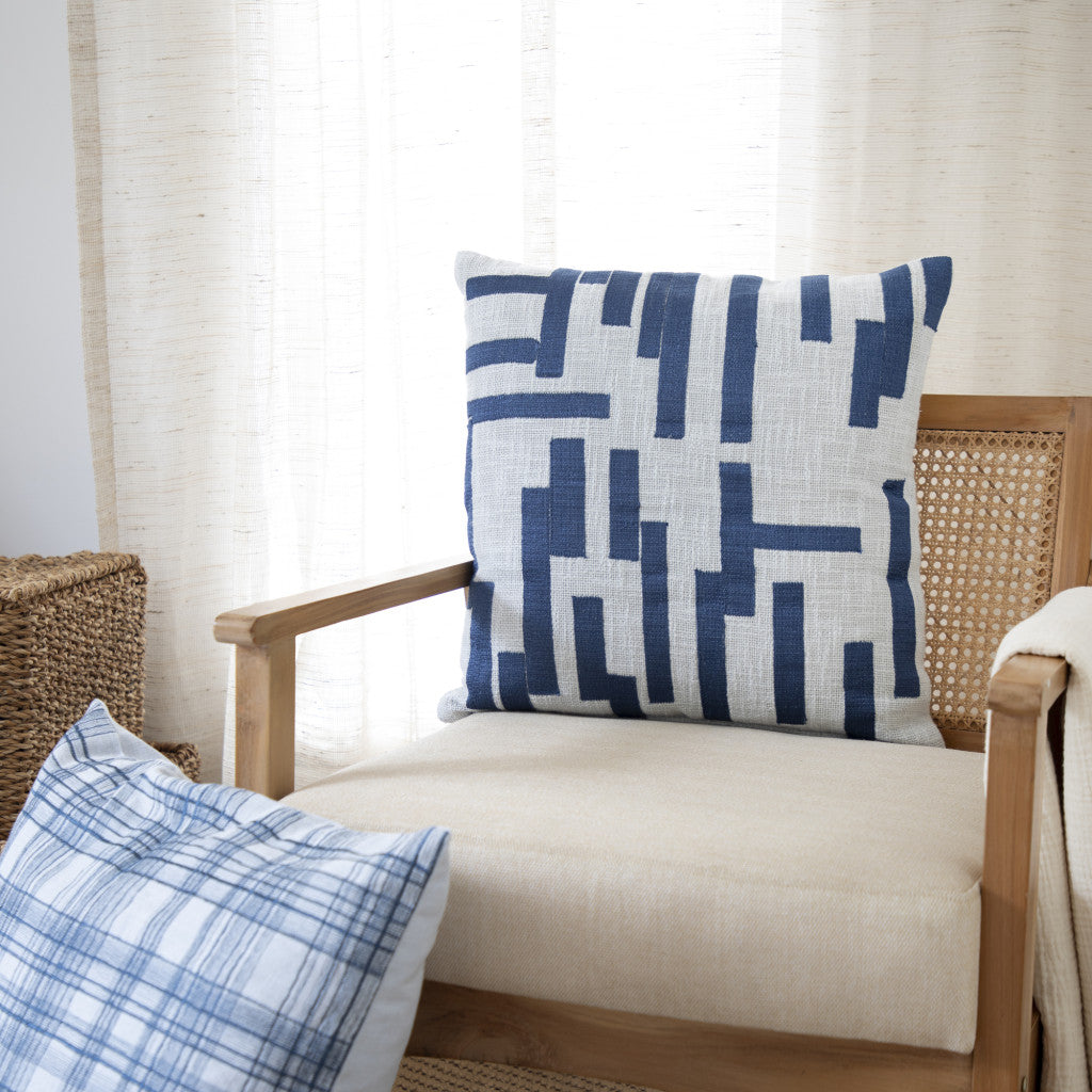 Blue & Ivory Geometric Cotton Blend Pillow w/ Embroidery