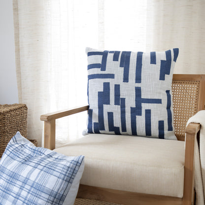 Blue & Ivory Geometric Cotton Blend Pillow w/ Embroidery