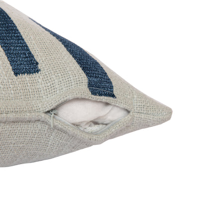 Blue & Ivory Geometric Cotton Blend Pillow w/ Embroidery