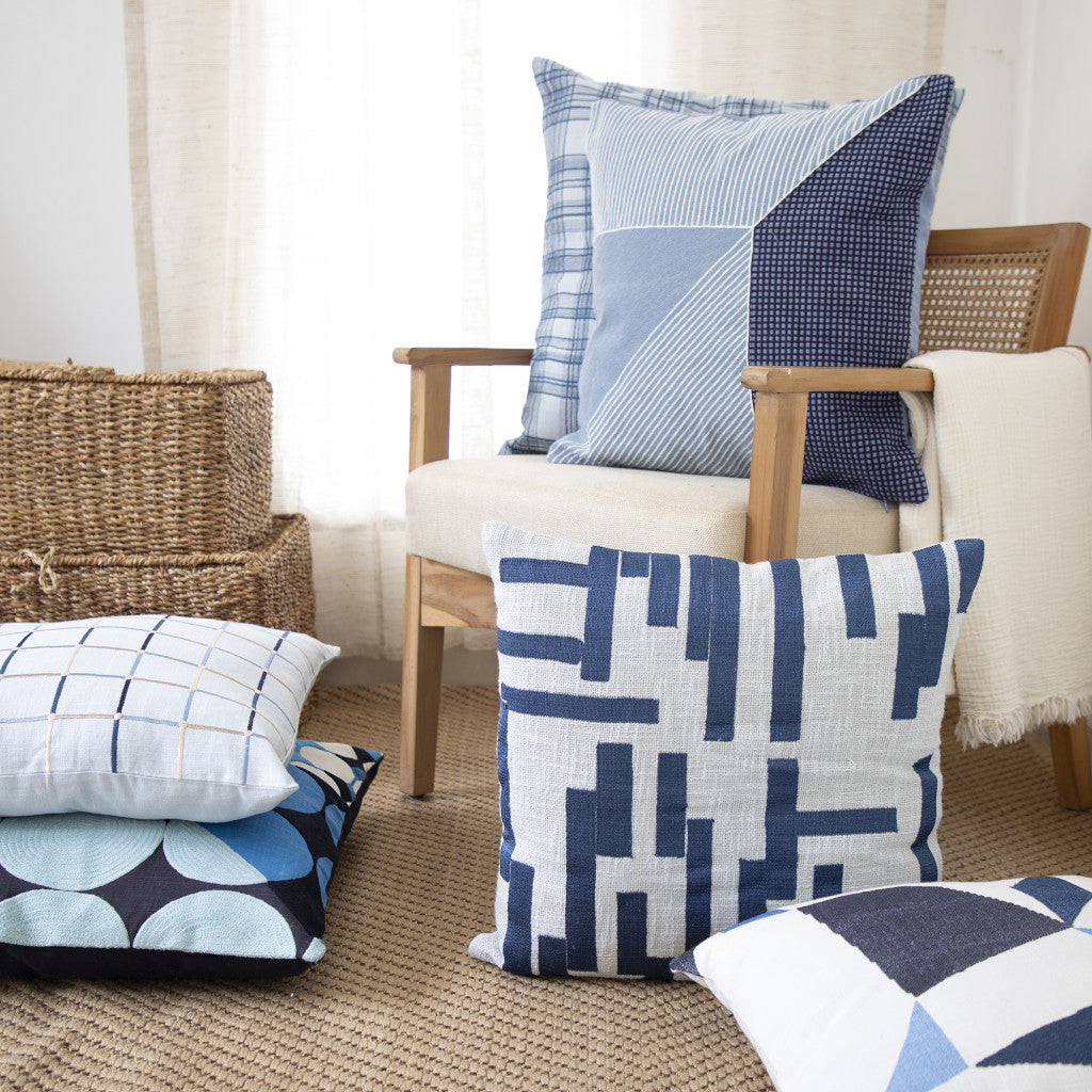 Blue & Ivory Geometric Cotton Blend Pillow w/ Embroidery