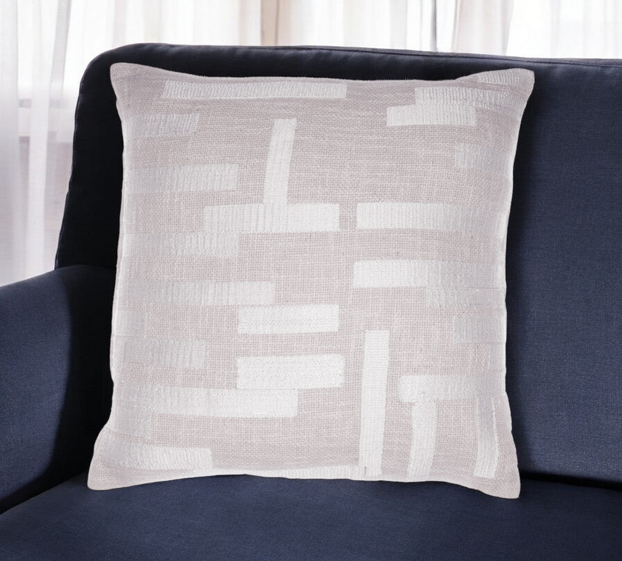 Ivory Geometric Cotton Blend Pillow w/ Embroidery
