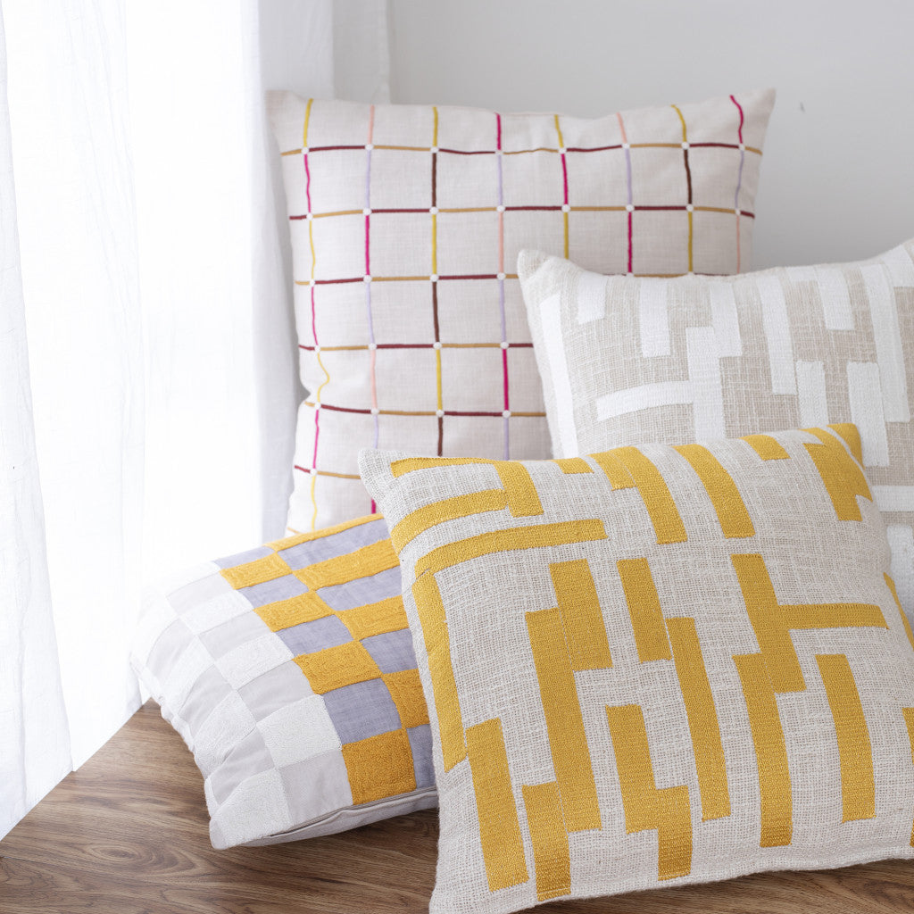 Ivory Geometric Cotton Blend Pillow w/ Embroidery