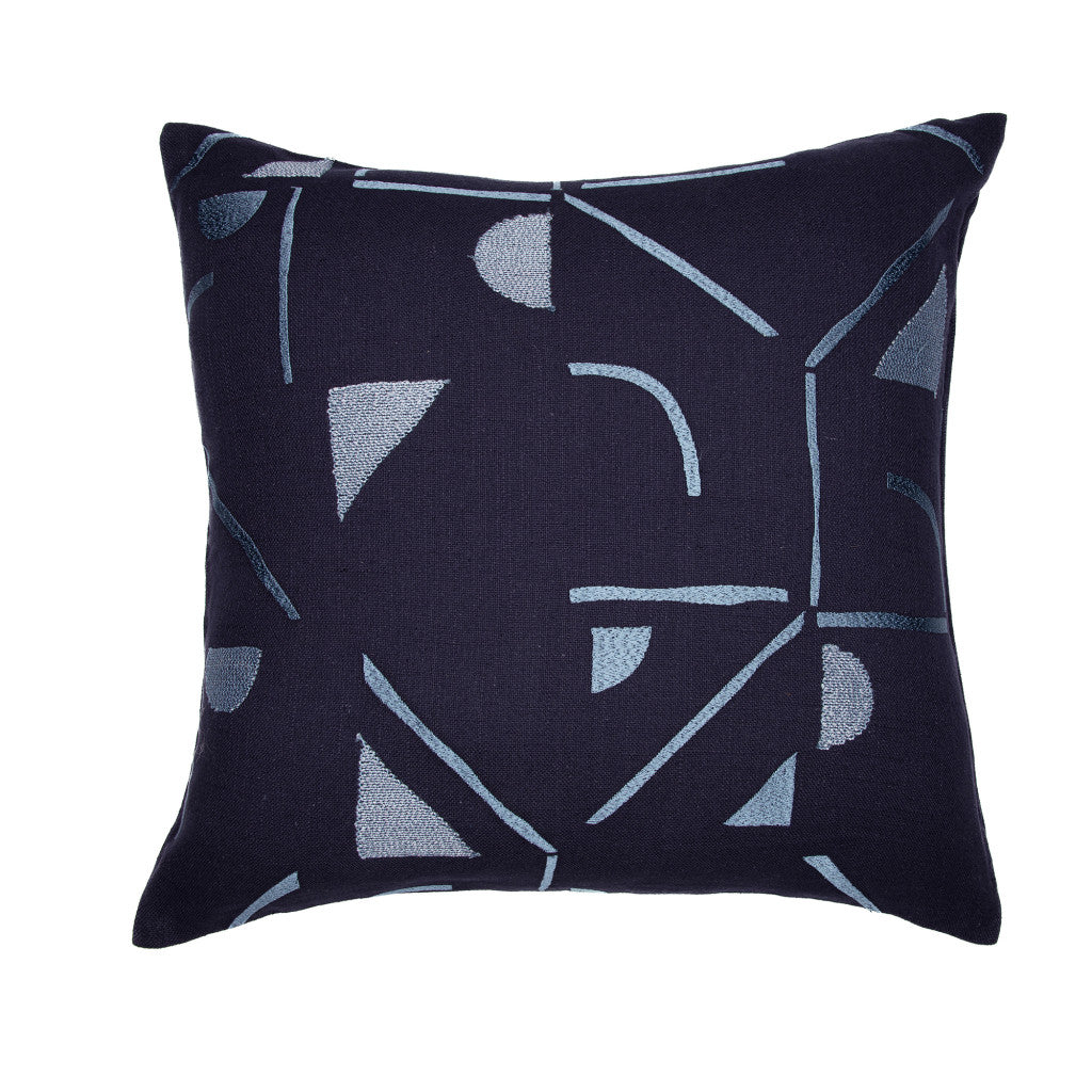 Blue Geometric Cotton Blend Pillow w/ Embroidery