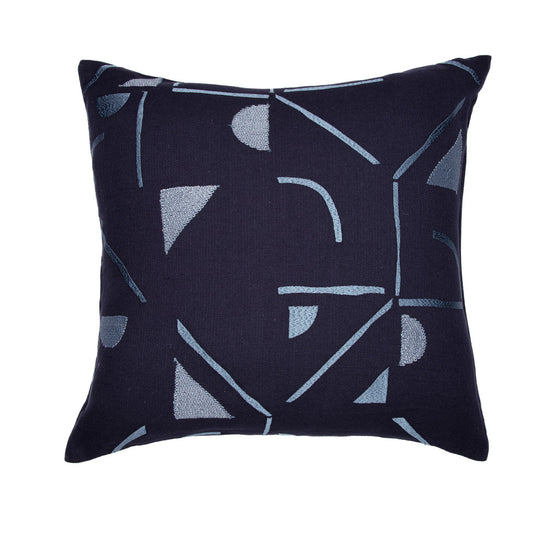Blue Geometric Cotton Blend Pillow w/ Embroidery