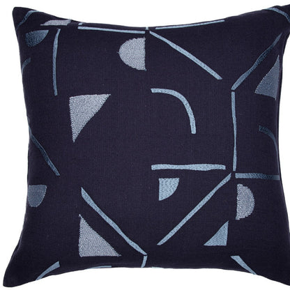 Blue Geometric Cotton Blend Pillow w/ Embroidery