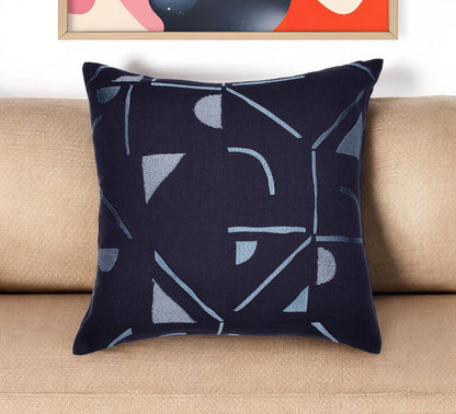 Blue Geometric Cotton Blend Pillow w/ Embroidery