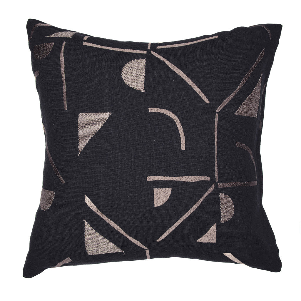 Beige & Black Geometric Cotton Blend Pillow w/ Embroidery