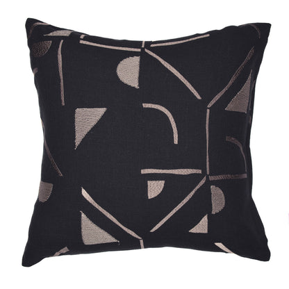 Beige & Black Geometric Cotton Blend Pillow w/ Embroidery