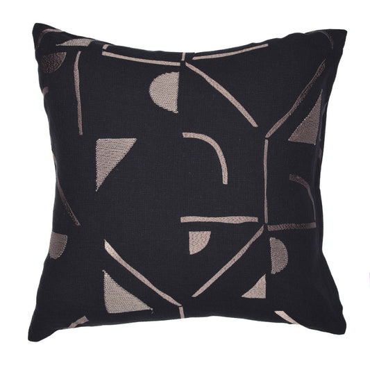 Beige & Black Geometric Cotton Blend Pillow w/ Embroidery