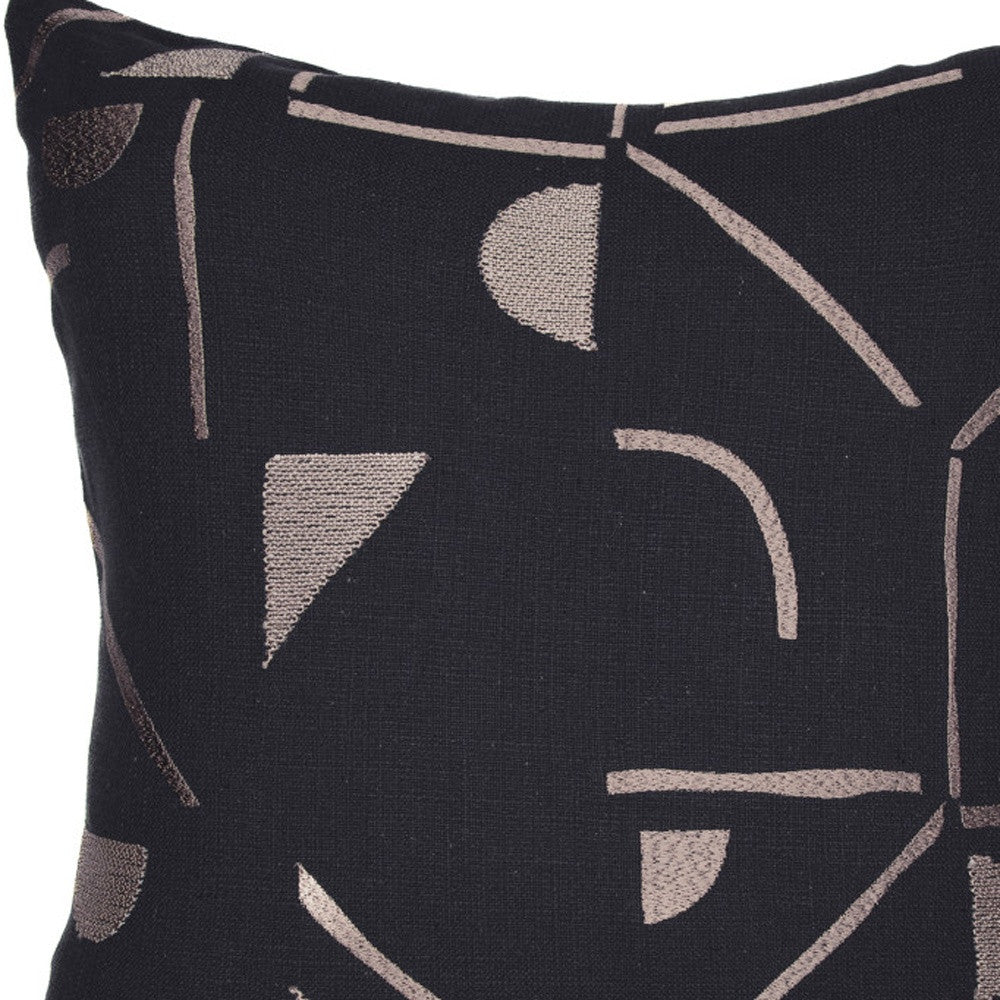 Beige & Black Geometric Cotton Blend Pillow w/ Embroidery