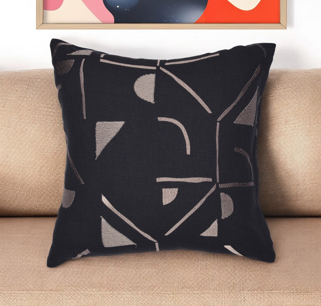 Beige & Black Geometric Cotton Blend Pillow w/ Embroidery