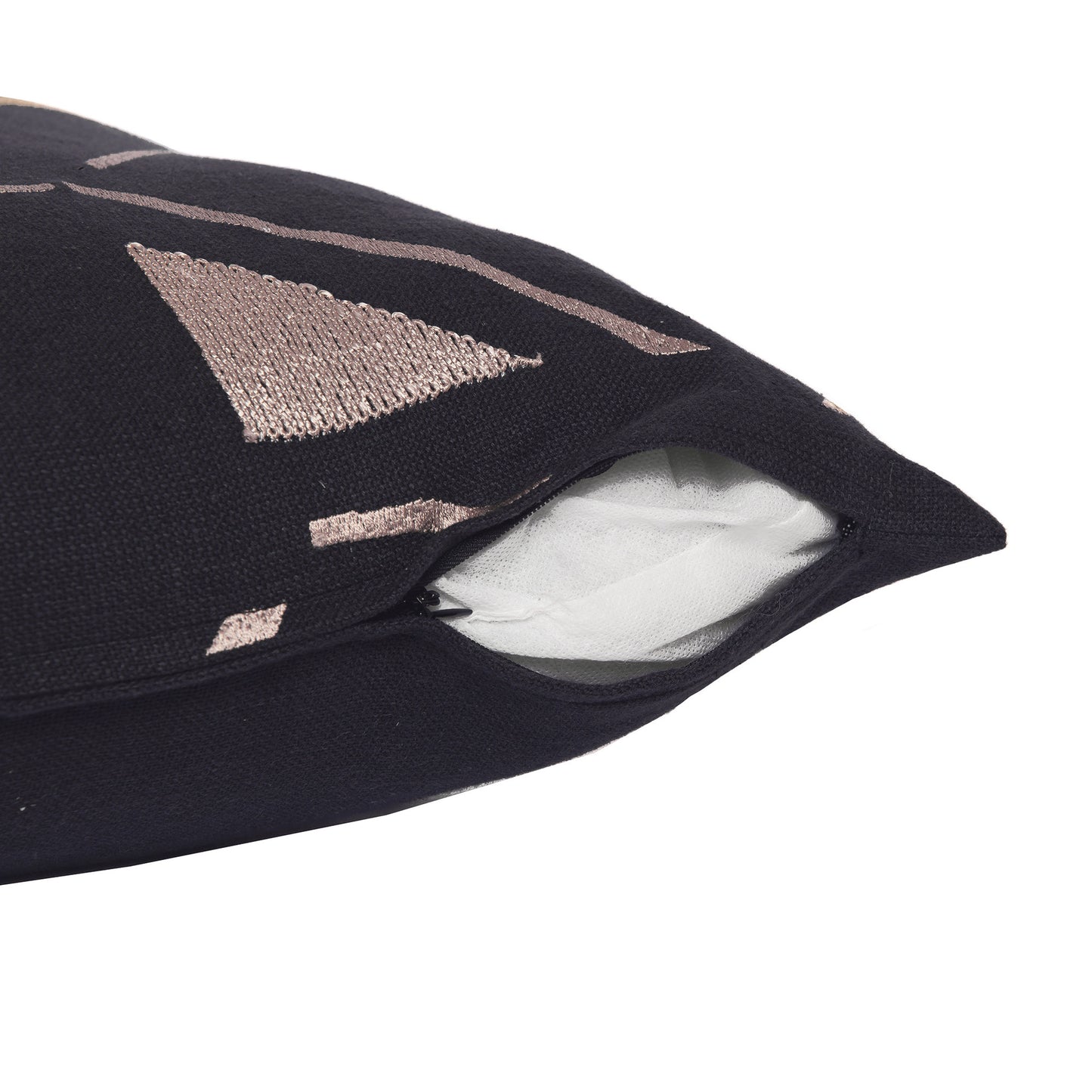 Beige & Black Geometric Cotton Blend Pillow w/ Embroidery