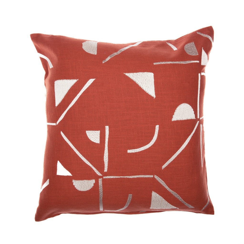 Orange & Ivory Geometric Cotton Blend Pillow w/ Embroidery