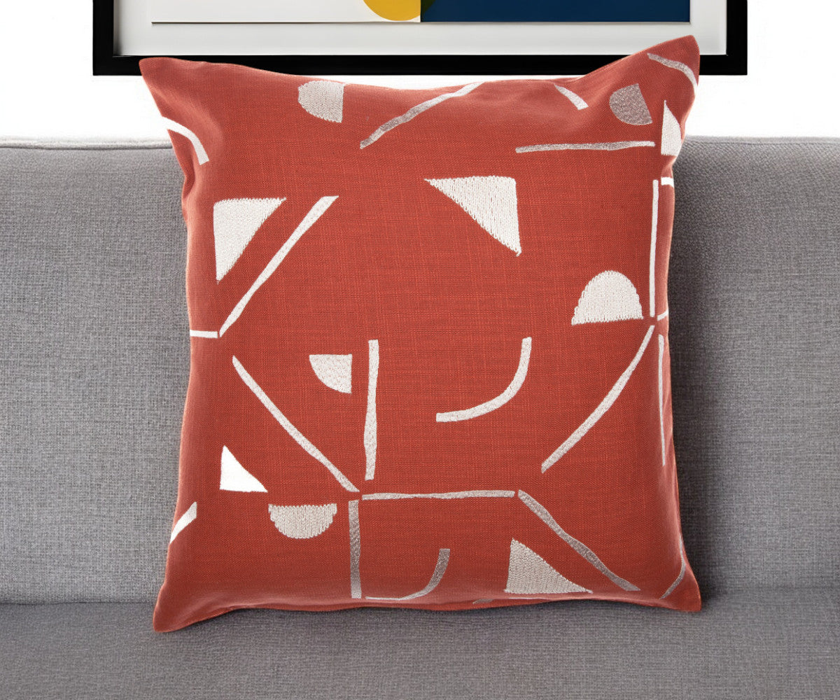 Orange & Ivory Geometric Cotton Blend Pillow w/ Embroidery