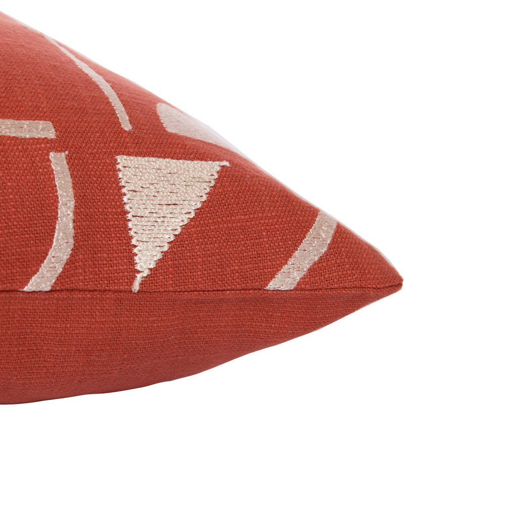 Orange & Ivory Geometric Cotton Blend Pillow w/ Embroidery