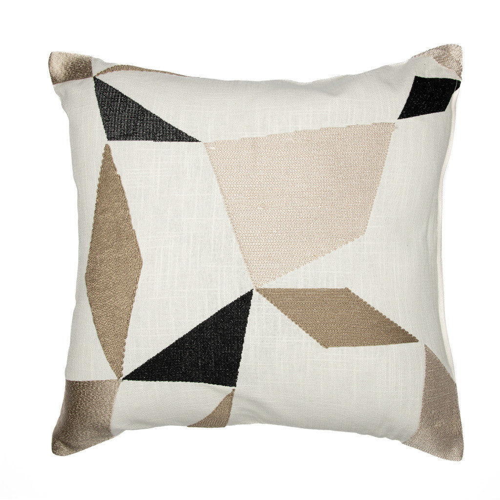 Taupe & Ivory Geometric Cotton Blend Pillow w/ Embroidery
