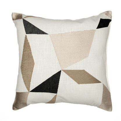 Taupe & Ivory Geometric Cotton Blend Pillow w/ Embroidery