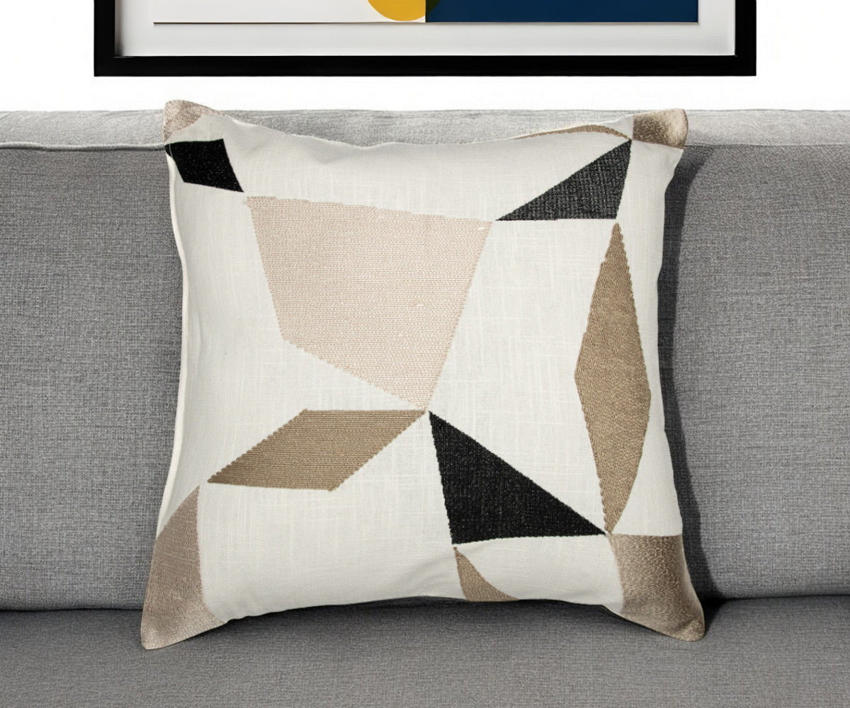 Taupe & Ivory Geometric Cotton Blend Pillow w/ Embroidery