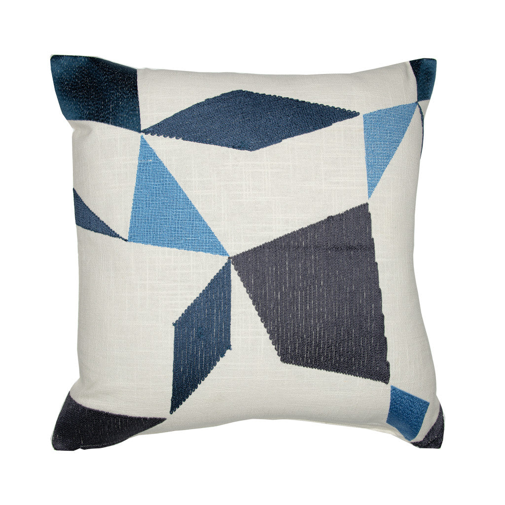 Ivory & Blue Geometric Cotton Blend Pillow w/ Embroidery