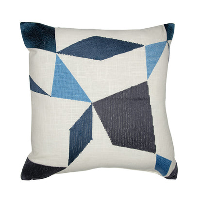 Ivory & Blue Geometric Cotton Blend Pillow w/ Embroidery