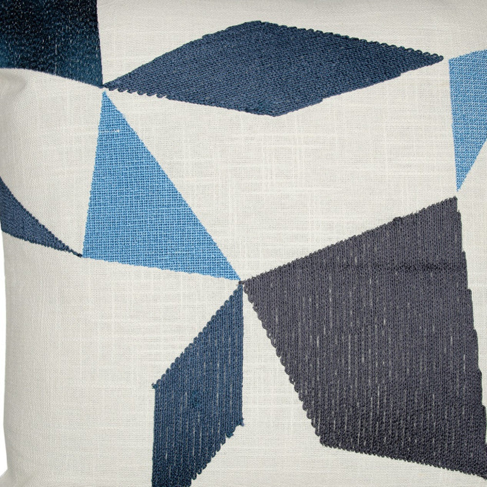 Ivory & Blue Geometric Cotton Blend Pillow w/ Embroidery