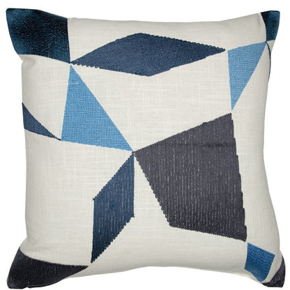 Ivory & Blue Geometric Cotton Blend Pillow w/ Embroidery