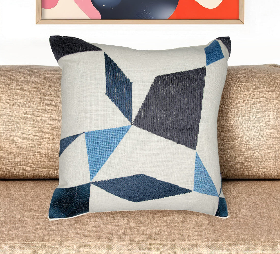 Ivory & Blue Geometric Cotton Blend Pillow w/ Embroidery