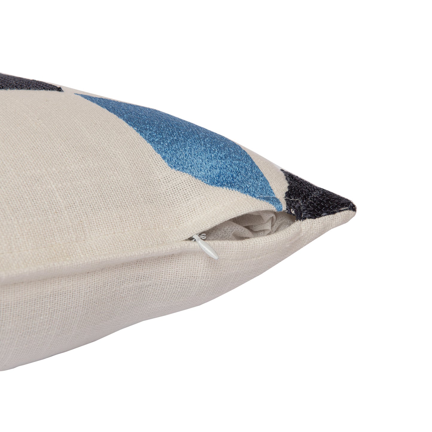 Ivory & Blue Geometric Cotton Blend Pillow w/ Embroidery