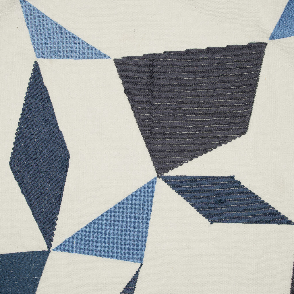 Ivory & Blue Geometric Cotton Blend Pillow w/ Embroidery