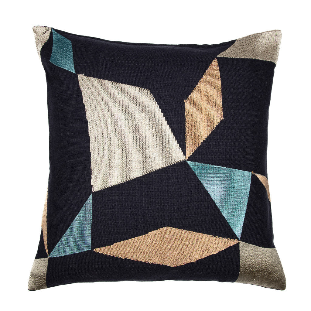 Blue & Beige Geometric Cotton Blend Pillow w/ Embroidery