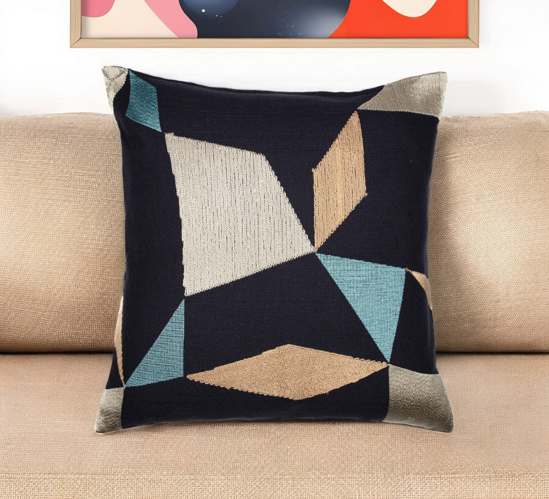 Blue & Beige Geometric Cotton Blend Pillow w/ Embroidery