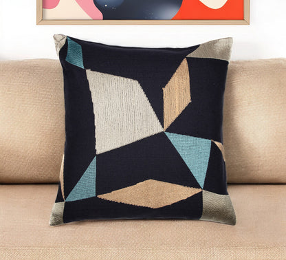 Blue & Beige Geometric Cotton Blend Pillow w/ Embroidery